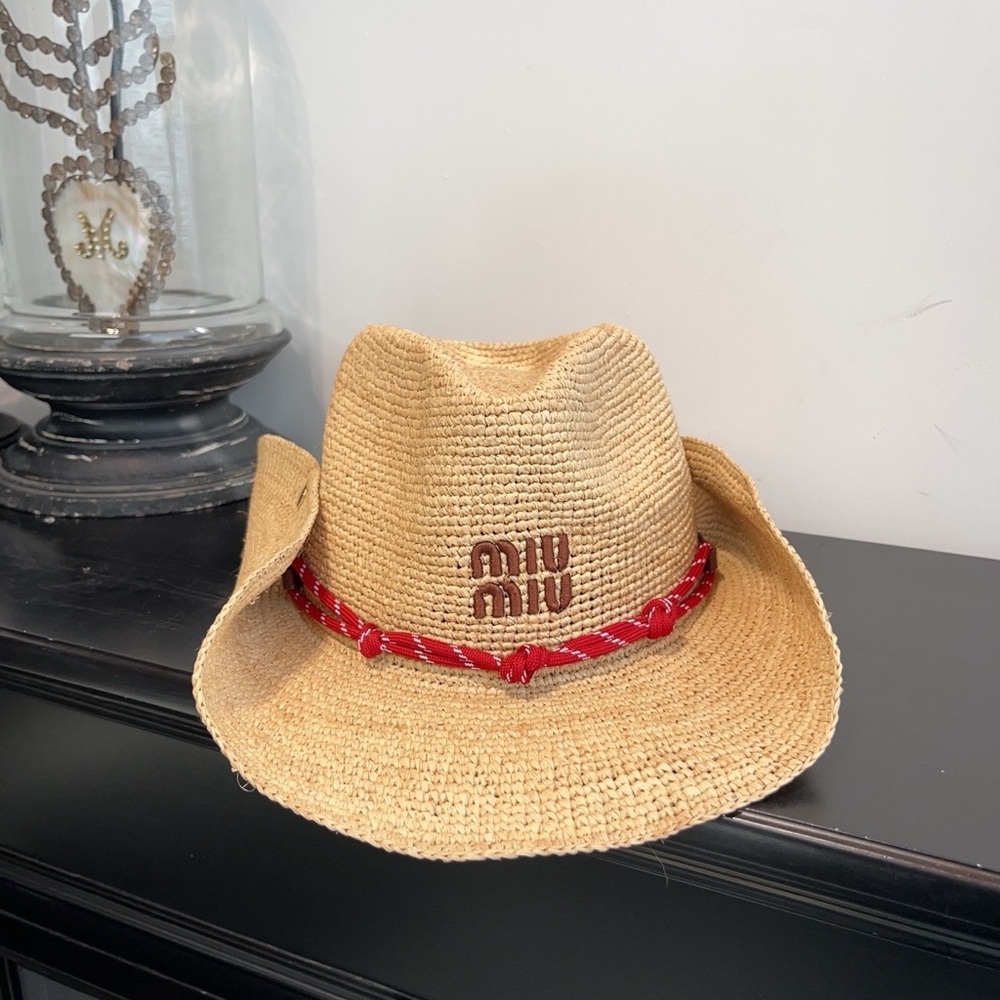 Miu Miu Natural Straw Fedora with Red Band